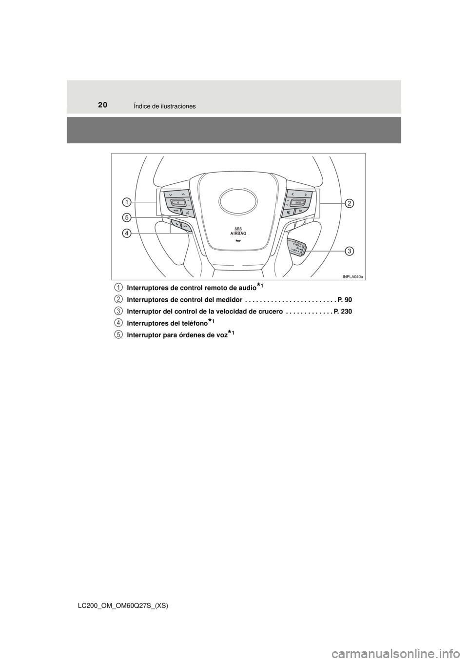 TOYOTA LAND CRUISER 2018  Manual del propietario (in Spanish) 20Índice de ilustraciones
LC200_OM_OM60Q27S_(XS)Interruptores de control remoto de audio
*1
Interruptores de control del medidor  . . . . . . . . . . . . . . . . . . . . . . . . . P. 90
Interruptor d
