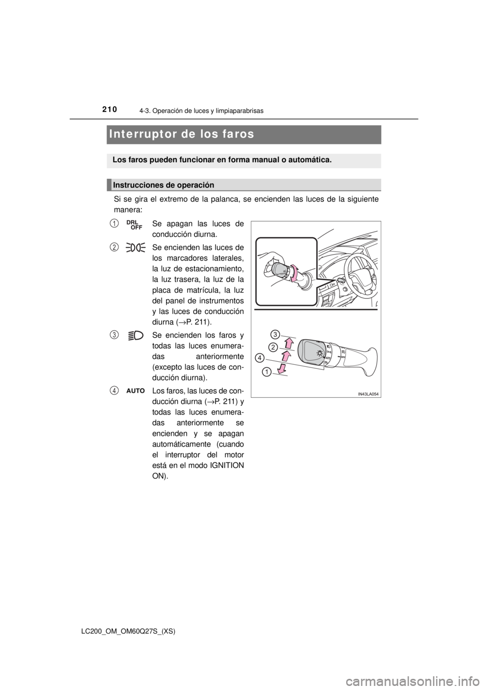 TOYOTA LAND CRUISER 2018  Manual del propietario (in Spanish) 210
LC200_OM_OM60Q27S_(XS)
4-3. Operación de luces y limpiaparabrisas
Interruptor de los faros
Si se gira el extremo de la palanca, se encienden las luces de la siguiente
manera:Se apagan las luces d