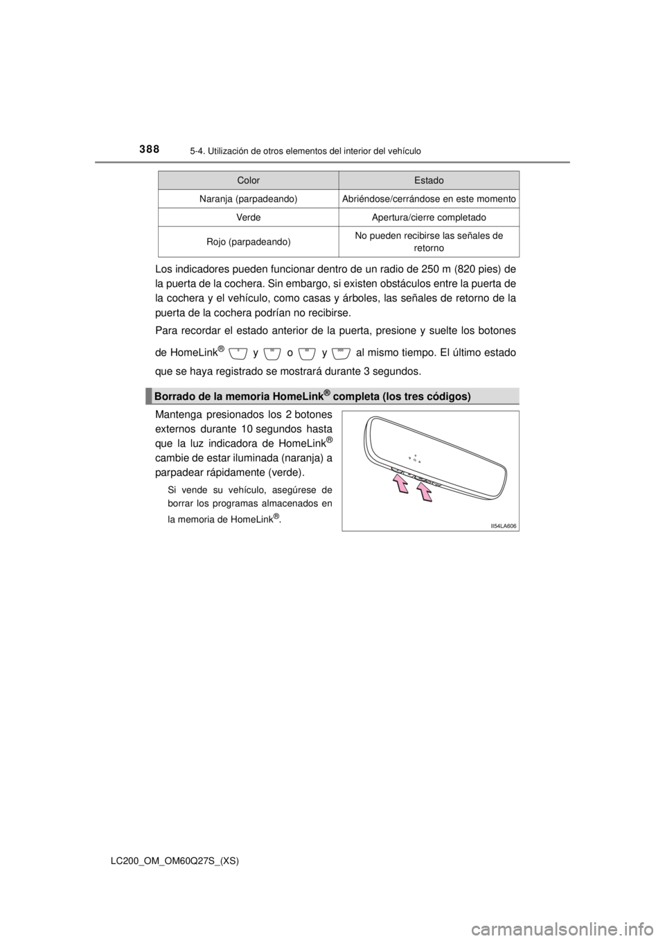 TOYOTA LAND CRUISER 2018  Manual del propietario (in Spanish) 388
LC200_OM_OM60Q27S_(XS)
5-4. Utilización de otros elementos del interior del vehículo
Los indicadores pueden funcionar dentro de un radio de 250 m (820 pies) de
la puerta de la cochera. Sin embar