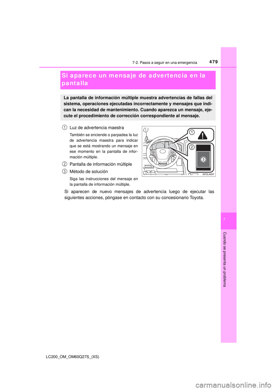 TOYOTA LAND CRUISER 2018  Manual del propietario (in Spanish) 479
LC200_OM_OM60Q27S_(XS)
7
Cuando se presenta un problema
7-2. Pasos a seguir en una emergencia
Si aparece un mensaje de advertencia en la 
pantalla
Luz de advertencia maestra
También se enciende o