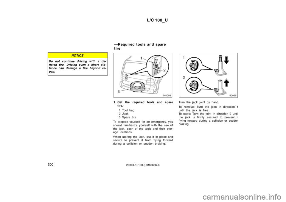TOYOTA LAND CRUISER 2000  Owners Manual L/C 100_U
200 2000 L/C 100 (OM60866U)
NOTICE
Do not continue driving with a de- 
flated tire. Driving even a short dis- 
tance can damage a tire beyond re-
pair.
1. Get the required tools and spare
ti