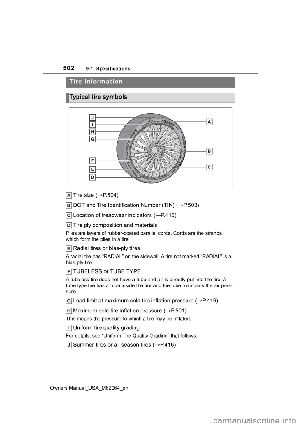 TOYOTA MIRAI 2023  Owners Manual 5029-1. Specifications
Owners Manual_USA_M62064_en
Tire size (P.504)
DOT and Tire Identification Number (TIN) ( P.503)
Location of treadwear indicators ( P.416)
Tire ply composition and mater
