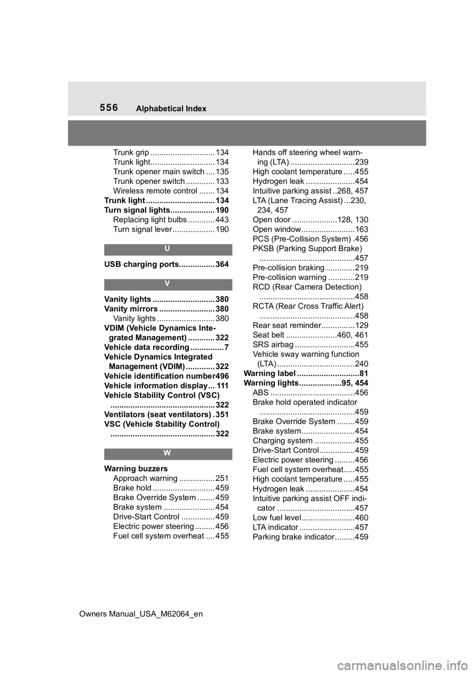 TOYOTA MIRAI 2023  Owners Manual 556Alphabetical Index
Owners Manual_USA_M62064_en
Trunk grip ............................. 134
Trunk light............................. 134
Trunk opener main switch .... 135
Trunk opener switch ......