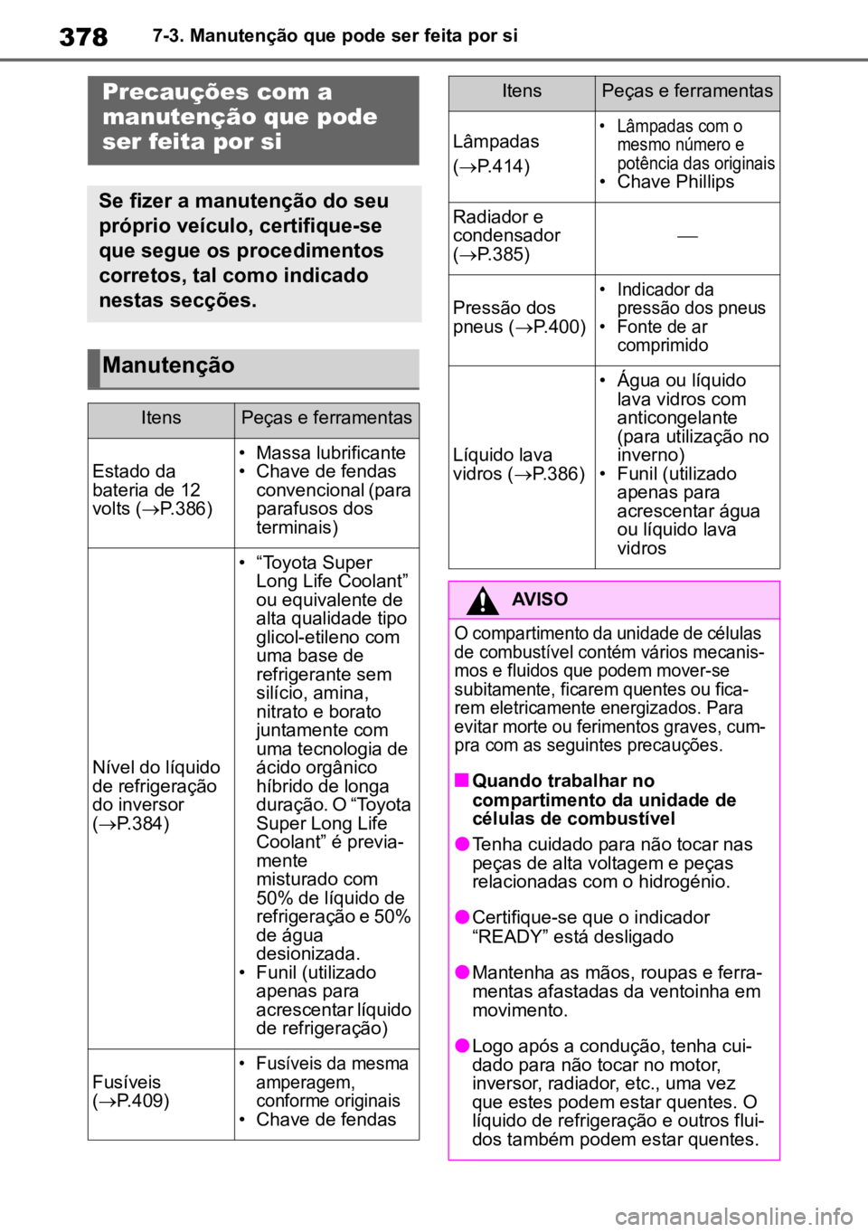 TOYOTA MIRAI 2023  Manual de utilização (in Portuguese) 3787-3. Manutenção que pode ser feita por si
7-3.Manutenção que pode ser feita por siPrecauções com a 
manutenção que pode 
ser feita por si
Se fizer a manutenção do seu 
próprio veículo, 