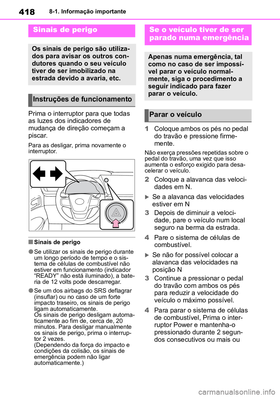 TOYOTA MIRAI 2023  Manual de utilização (in Portuguese) 4188-1. Informação importante
8-1.Informação importante
Prima o interruptor para que todas 
as luzes dos indicadores de 
mudança de direção começam a 
piscar.
Para as desligar, prima novamente