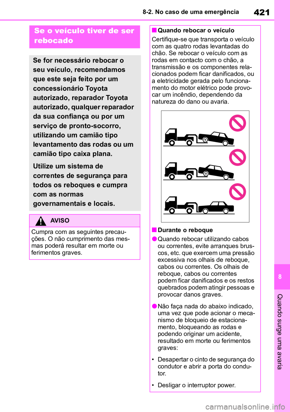 TOYOTA MIRAI 2023  Manual de utilização (in Portuguese) 421
8
8-2. No caso de uma emergência
Quando surge uma avaria
8-2.No caso de uma emergênciaSe o veículo tiver de ser 
rebocado
Se for necessário rebocar o 
seu veículo, recomendamos 
que este seja