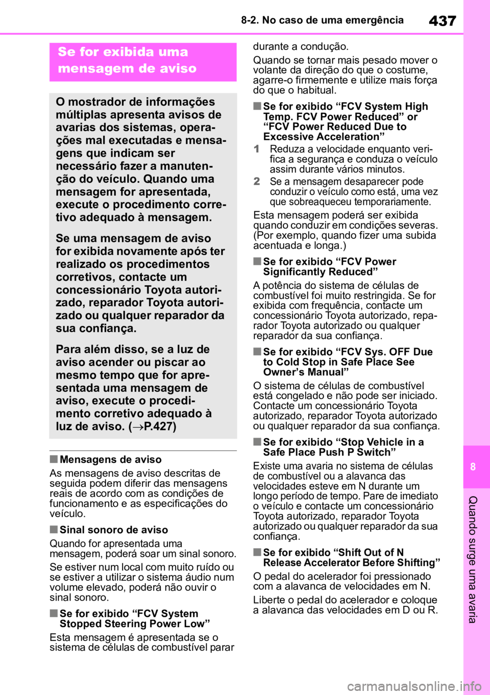 TOYOTA MIRAI 2023  Manual de utilização (in Portuguese) 437
8
8-2. No caso de uma emergência
Quando surge uma avaria
nMensagens de aviso
As mensagens de aviso descritas de 
seguida podem diferir das mensagens 
reais de acordo com as condições de 
funcio