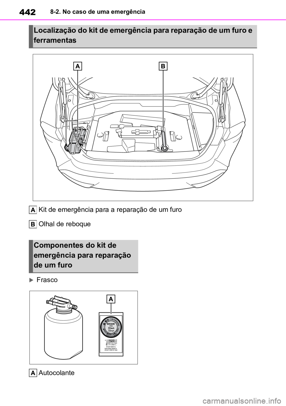 TOYOTA MIRAI 2023  Manual de utilização (in Portuguese) 4428-2. No caso de uma emergência
Kit de emergência para a reparação de um furo
Olhal de reboque
Frasco
Autocolante
Localização do kit de emergência para reparação de um furo e 
ferramenta