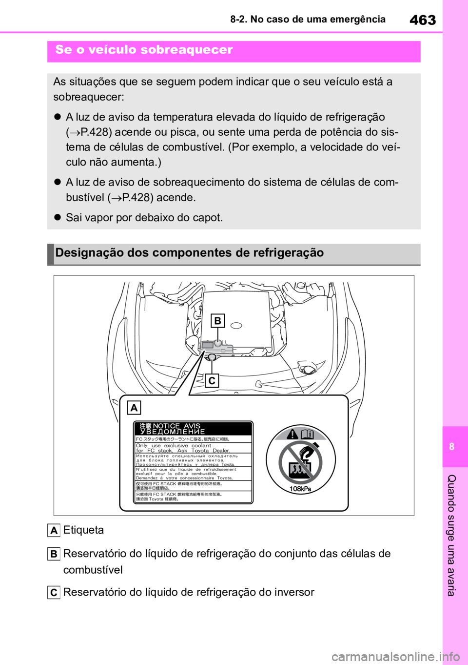 TOYOTA MIRAI 2023  Manual de utilização (in Portuguese) 463
8
8-2. No caso de uma emergência
Quando surge uma avaria
Etiqueta
Reservatório do líquido de refrigeração do conjunto das células de 
combustível
Reservatório do líquido de refrigeração
