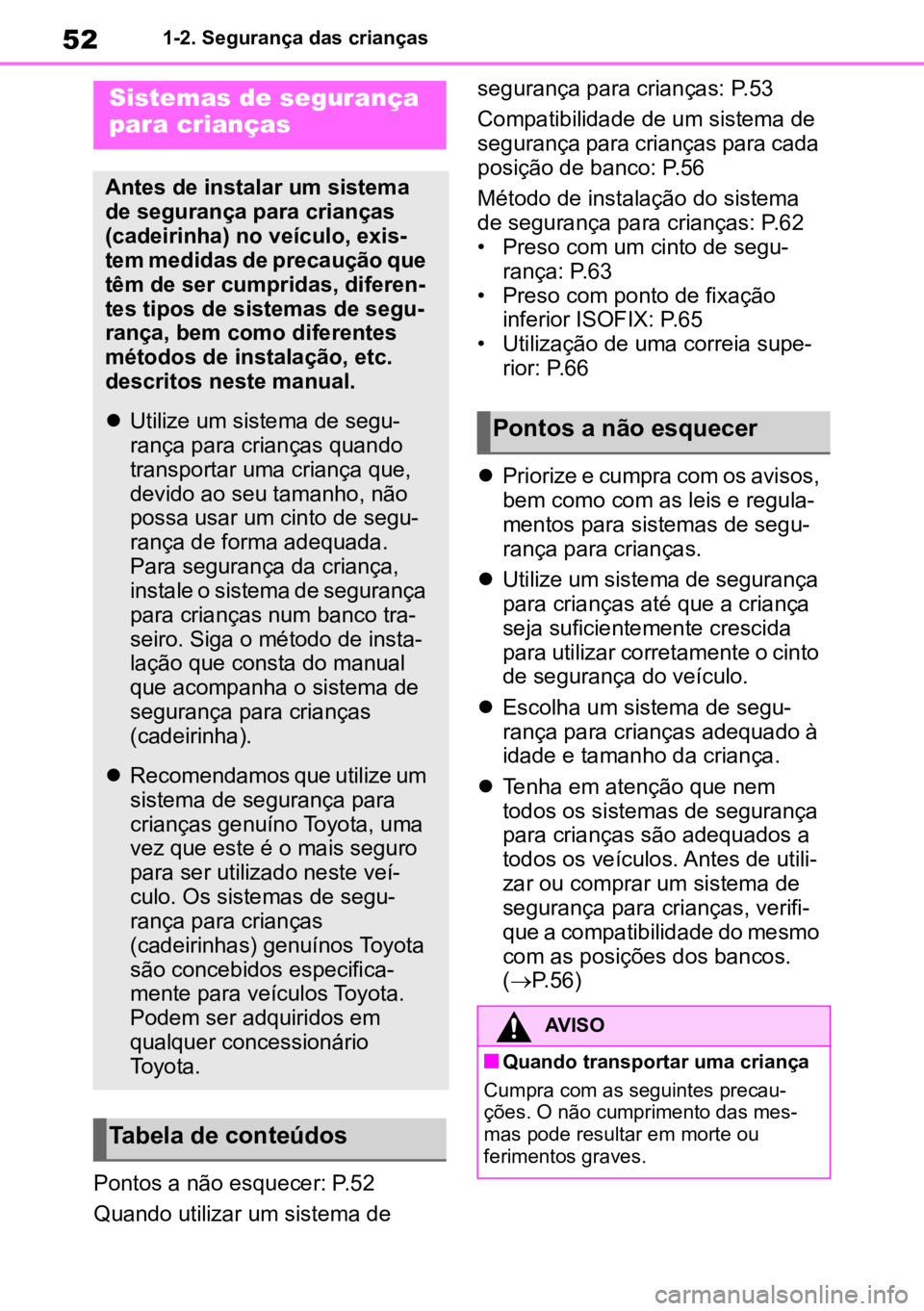 TOYOTA MIRAI 2023  Manual de utilização (in Portuguese) 521-2. Segurança das crianças
Pontos a não esquecer: P.52
Quando utilizar um sistema de  segurança para crianças: P.53
Compatibilidade de um sistema de 
segurança para crianças para cada 
posi