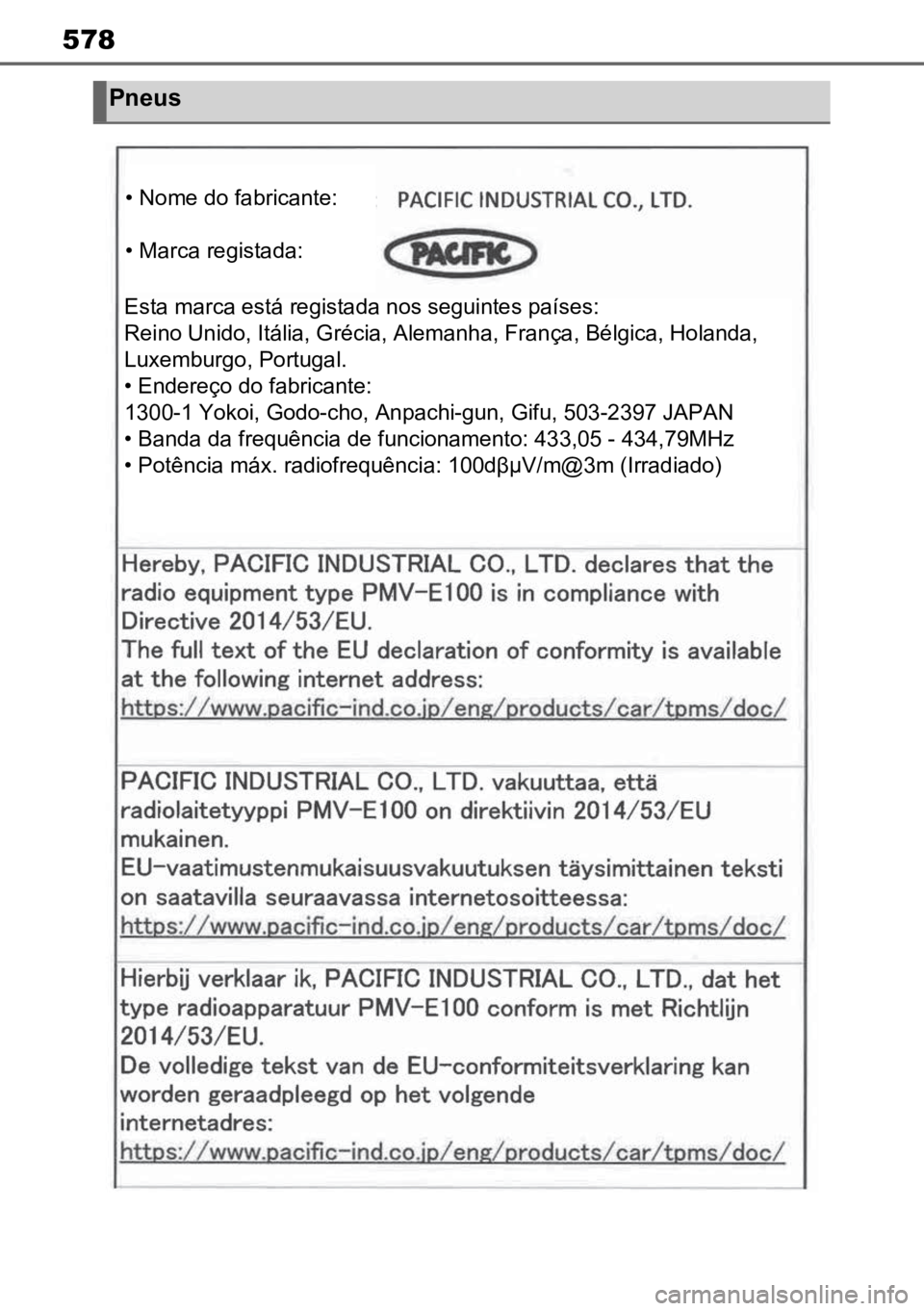 TOYOTA MIRAI 2023  Manual de utilização (in Portuguese) 578
Pneus
• Nome do fabricante:
• Marca registada:
Esta marca está registada nos seguintes países:
Reino Unido, Itália, Grécia, Alemanha, França, Bélgica, Holanda, 
Luxemburgo, Portugal.
•