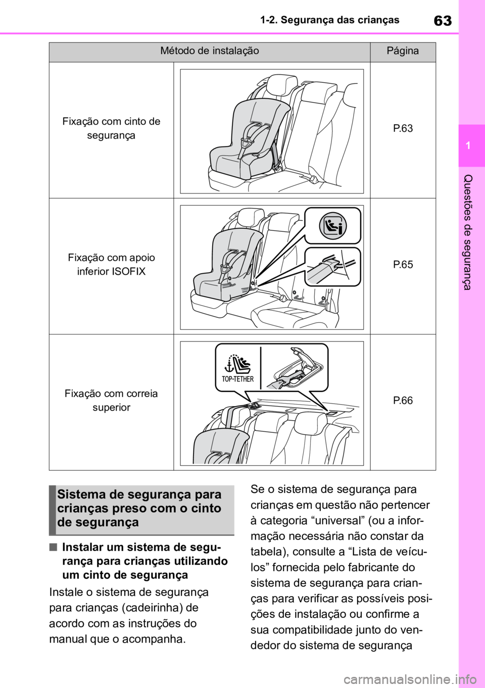 TOYOTA MIRAI 2023  Manual de utilização (in Portuguese) 63
1
1-2. Segurança das crianças
Questões de segurança
nInstalar um sistema de segu
-
rança para crianças utilizando 
um cinto de segurança
Instale o sistema de segurança 
para crianças (cade