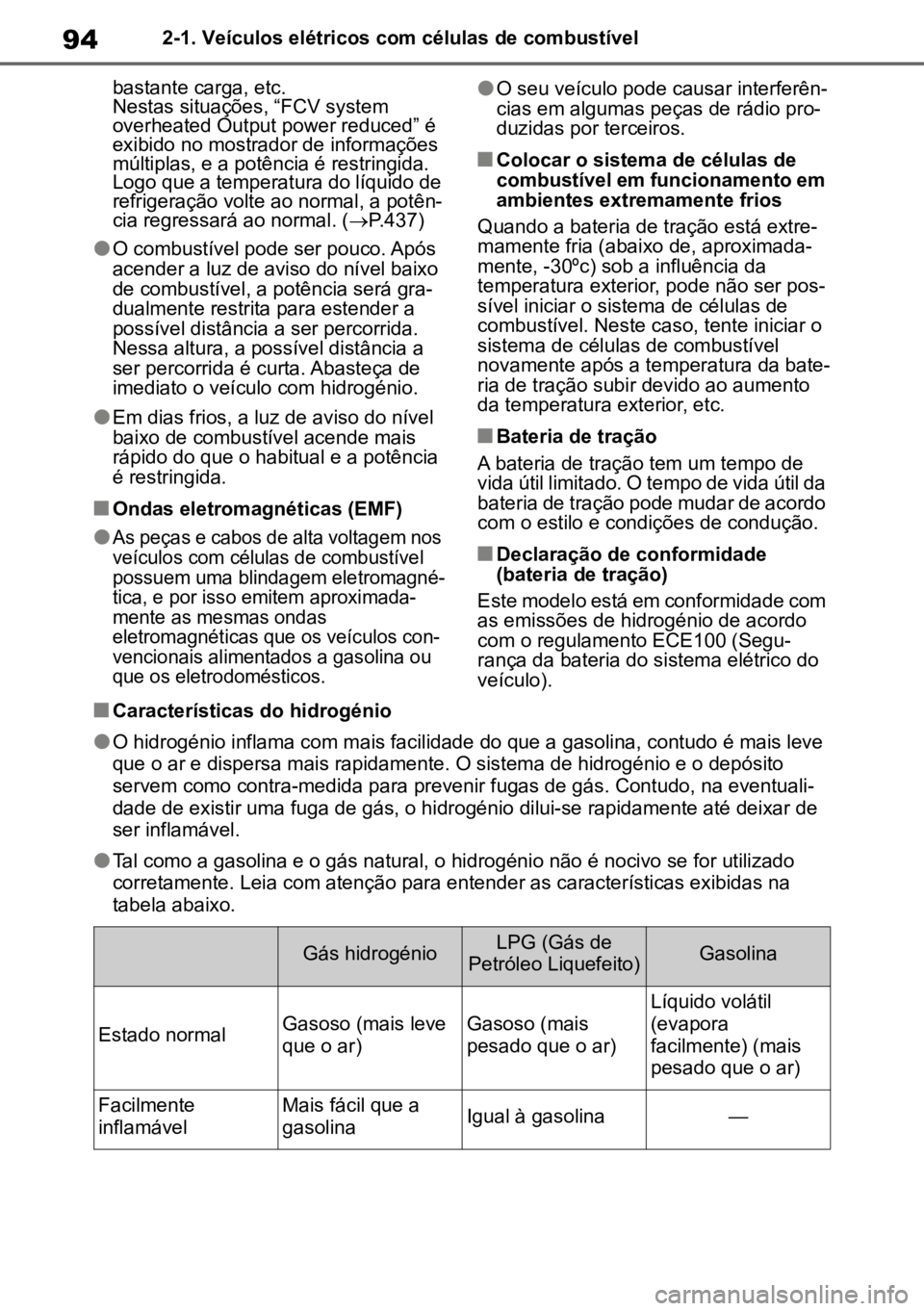 TOYOTA MIRAI 2023  Manual de utilização (in Portuguese) 942-1. Veículos elétricos com células de combustível
bastante carga, etc. 
Nestas situações, “FCV system 
overheated Output power reduced” é 
exibido no mostrador de informações 
múltipl