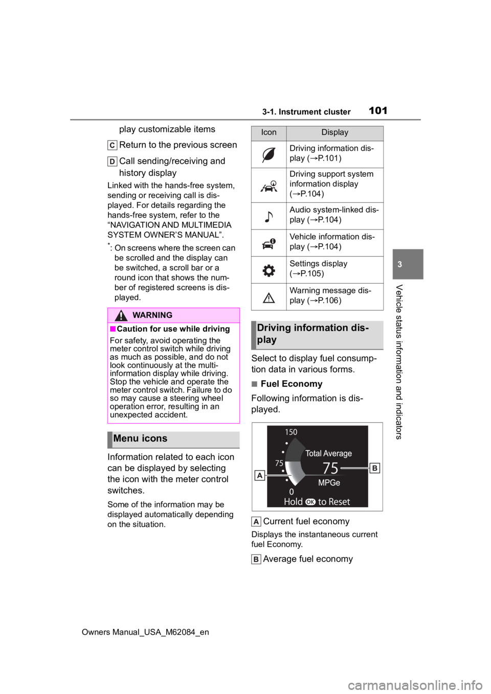 TOYOTA MIRAI 2022 Owners Manual 1013-1. Instrument cluster
Owners Manual_USA_M62084_en
3
Vehicle status information and indicators
play customizable items
Return to the previous screen
Call sending/receiving and
history display
Lin TOYOTA MIRAI 2022 Owners Manual 1013-1. Instrument cluster
Owners Manual_USA_M62084_en
3
Vehicle status information and indicators
play customizable items
Return to the previous screen
Call sending/receiving and
history display
Lin