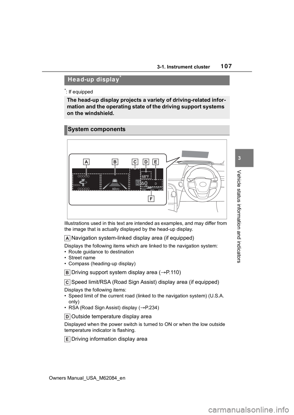 TOYOTA MIRAI 2022 Owners Manual 1073-1. Instrument cluster
Owners Manual_USA_M62084_en
3
Vehicle status information and indicators
*: If equipped
Illustrations used in this text are intended as examples, and m ay differ from
the im TOYOTA MIRAI 2022 Owners Manual 1073-1. Instrument cluster
Owners Manual_USA_M62084_en
3
Vehicle status information and indicators
*: If equipped
Illustrations used in this text are intended as examples, and m ay differ from
the im