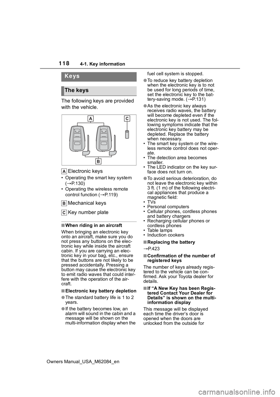 TOYOTA MIRAI 2022 Owners Manual 1184-1. Key information
Owners Manual_USA_M62084_en
4-1.Key information
The following keys are provided
with the vehicle.Electronic keys
• Operating the smart key system ( P.130)
• Operating t TOYOTA MIRAI 2022 Owners Manual 1184-1. Key information
Owners Manual_USA_M62084_en
4-1.Key information
The following keys are provided
with the vehicle.Electronic keys
• Operating the smart key system ( P.130)
• Operating t
