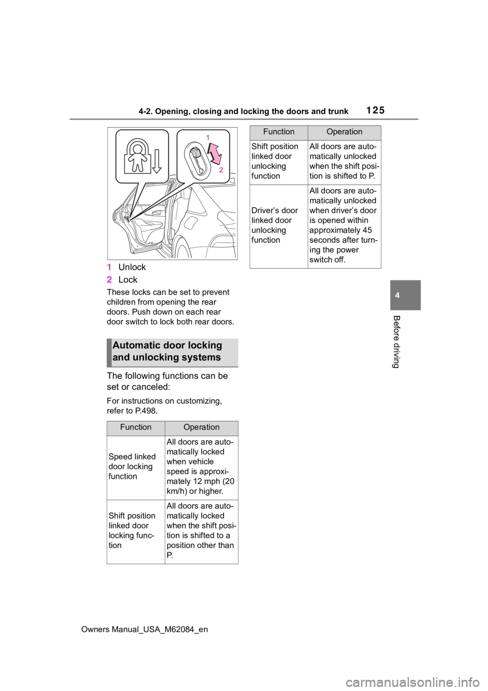 TOYOTA MIRAI 2022 Owners Manual 1254-2. Opening, closing and locking the doors and trunk
Owners Manual_USA_M62084_en
4
Before driving
1 Unlock
2 Lock
These locks can be set to prevent
children from opening the rear
doors. Push dow TOYOTA MIRAI 2022 Owners Manual 1254-2. Opening, closing and locking the doors and trunk
Owners Manual_USA_M62084_en
4
Before driving
1 Unlock
2 Lock
These locks can be set to prevent
children from opening the rear
doors. Push dow