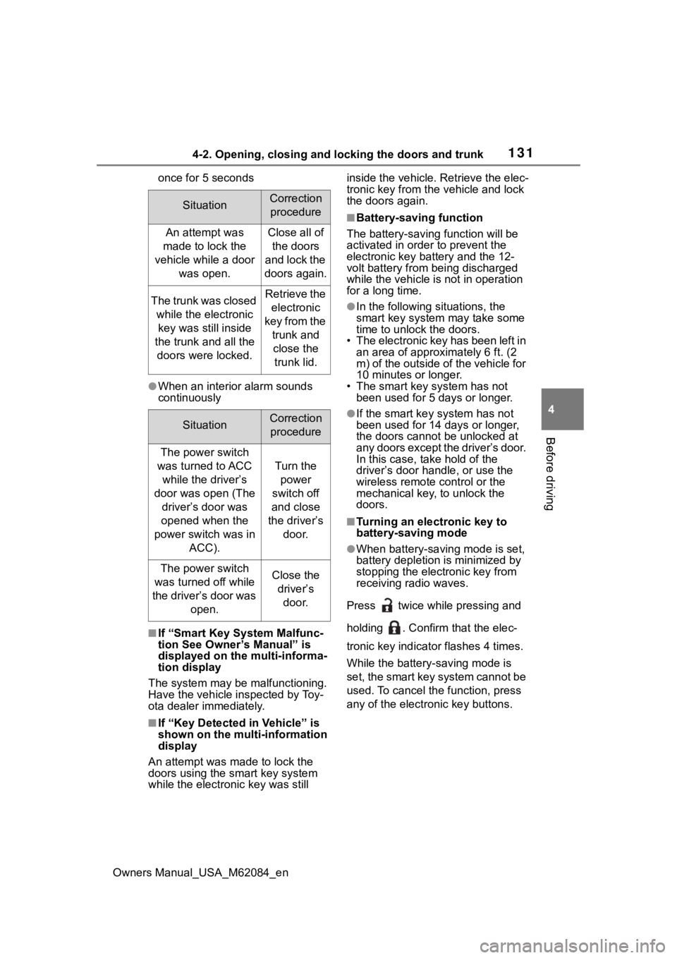 TOYOTA MIRAI 2022 Owners Manual 1314-2. Opening, closing and locking the doors and trunk
Owners Manual_USA_M62084_en
4
Before driving
once for 5 seconds
●When an interior alarm sounds
continuously
■If “Smart Key System Malfun TOYOTA MIRAI 2022 Owners Manual 1314-2. Opening, closing and locking the doors and trunk
Owners Manual_USA_M62084_en
4
Before driving
once for 5 seconds
●When an interior alarm sounds
continuously
■If “Smart Key System Malfun