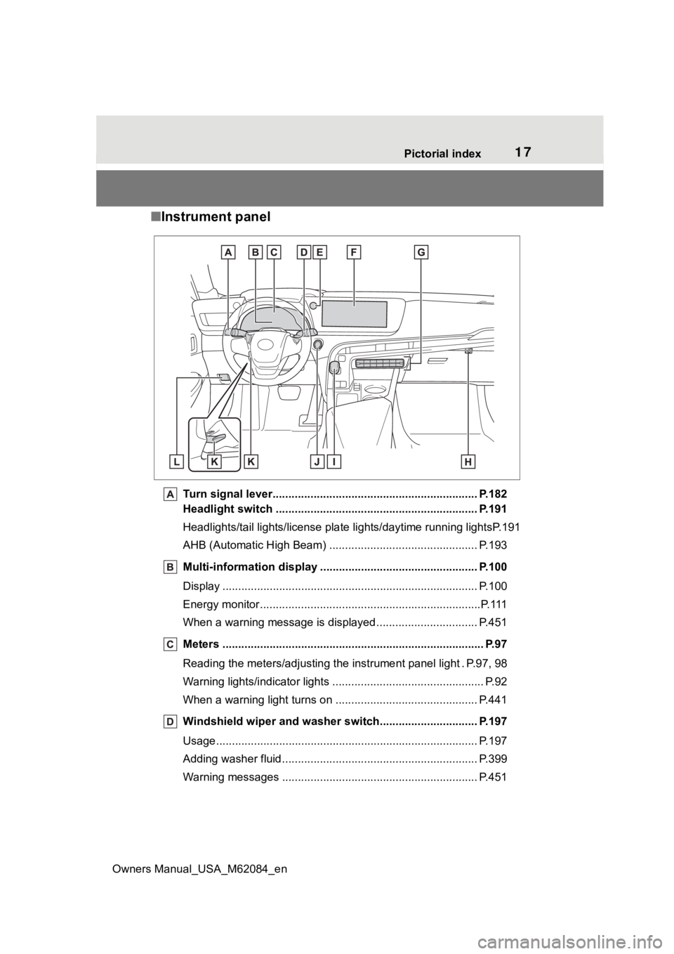TOYOTA MIRAI 2022 Owners Manual 17Pictorial index
Owners Manual_USA_M62084_en
■ Instrument panel
Turn signal lever.............................................. ................... P.182
Headlight switch .......................... TOYOTA MIRAI 2022 Owners Manual 17Pictorial index
Owners Manual_USA_M62084_en
■ Instrument panel
Turn signal lever.............................................. ................... P.182
Headlight switch ..........................