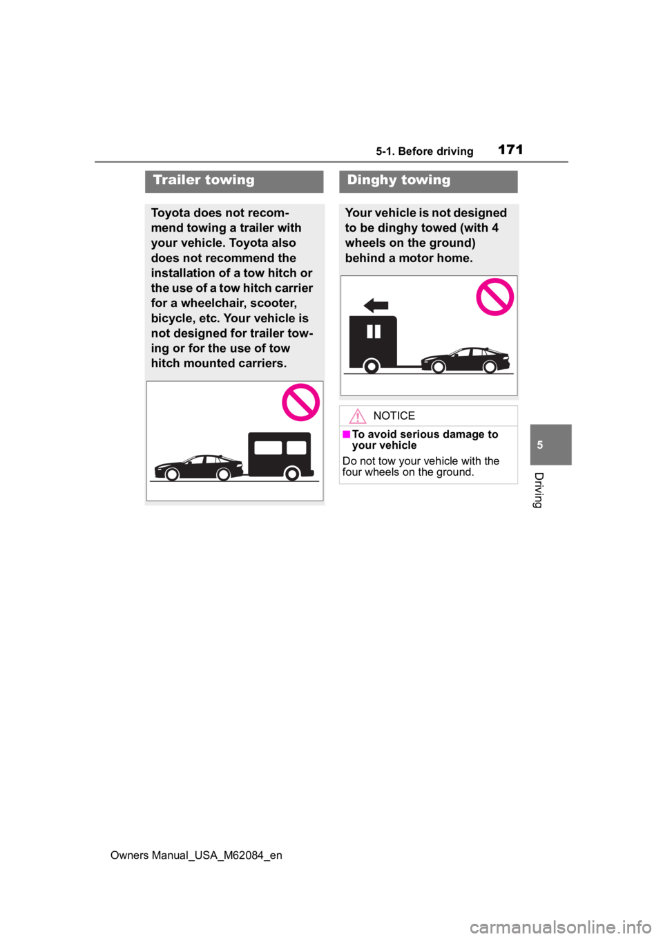 TOYOTA MIRAI 2022  Owners Manual 1715-1. Before driving
Owners Manual_USA_M62084_en
5
Driving
Trailer towing
Toyota does not recom-
mend towing a trailer with 
your vehicle. Toyota also 
does not recommend the 
installation of a tow 