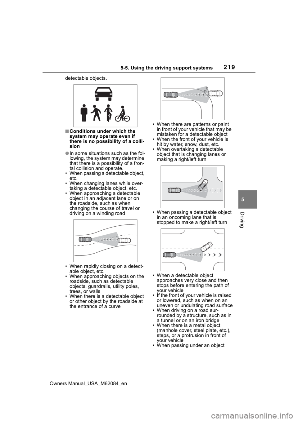 TOYOTA MIRAI 2022 Owners Manual 2195-5. Using the driving support systems
Owners Manual_USA_M62084_en
5
Driving
detectable objects.
■Conditions under which the
system may operate even if
there is no possibility of a colli-
sion
TOYOTA MIRAI 2022 Owners Manual 2195-5. Using the driving support systems
Owners Manual_USA_M62084_en
5
Driving
detectable objects.
■Conditions under which the
system may operate even if
there is no possibility of a colli-
sion