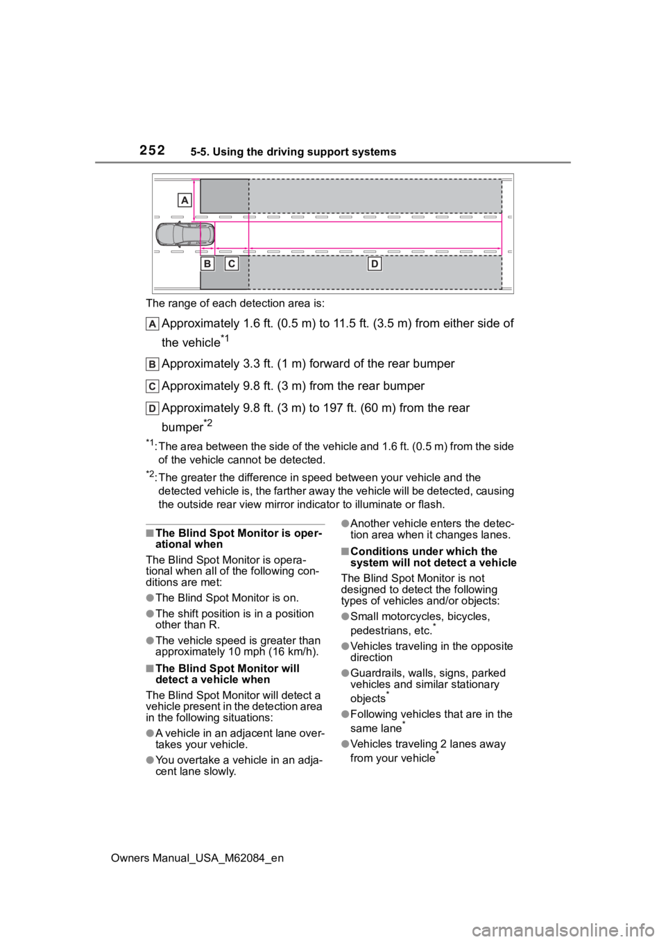 TOYOTA MIRAI 2022 Owners Manual 2525-5. Using the driving support systems
Owners Manual_USA_M62084_enThe range of each detection area is:
Approximately 1.6 ft. (0.5 m) to 11.5 ft. (3.5 m) from either s
ide of
the vehicle
*1
Approxi TOYOTA MIRAI 2022 Owners Manual 2525-5. Using the driving support systems
Owners Manual_USA_M62084_enThe range of each detection area is:
Approximately 1.6 ft. (0.5 m) to 11.5 ft. (3.5 m) from either s
ide of
the vehicle
*1
Approxi