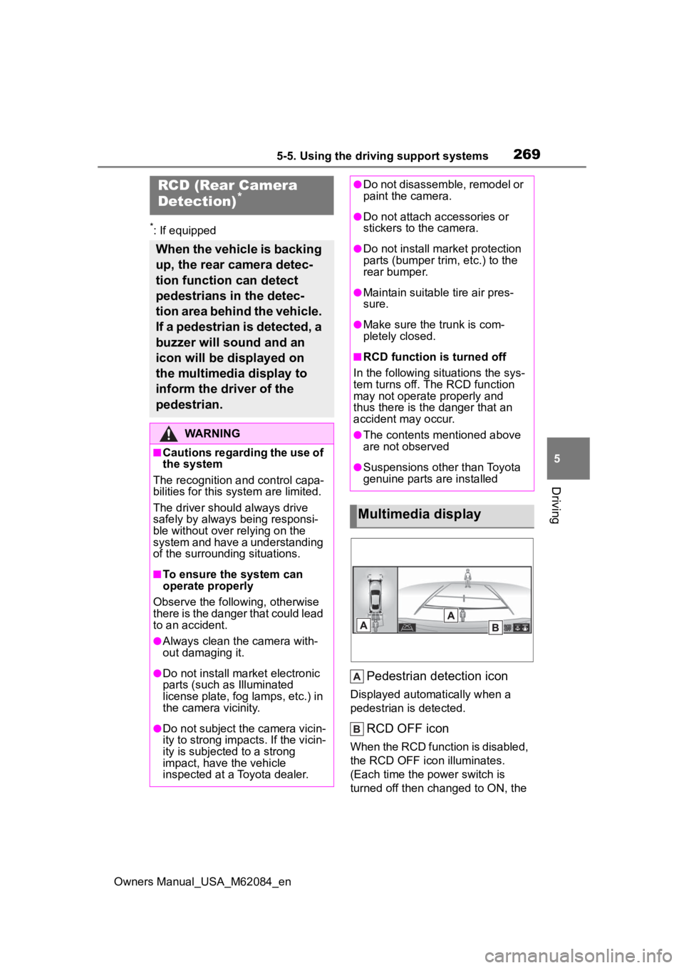 TOYOTA MIRAI 2022 Owners Manual 2695-5. Using the driving support systems
Owners Manual_USA_M62084_en
5
Driving
*: If equipped
Pedestrian detection icon
Displayed automatically when a
pedestrian is detected.
RCD OFF icon
When the R TOYOTA MIRAI 2022 Owners Manual 2695-5. Using the driving support systems
Owners Manual_USA_M62084_en
5
Driving
*: If equipped
Pedestrian detection icon
Displayed automatically when a
pedestrian is detected.
RCD OFF icon
When the R