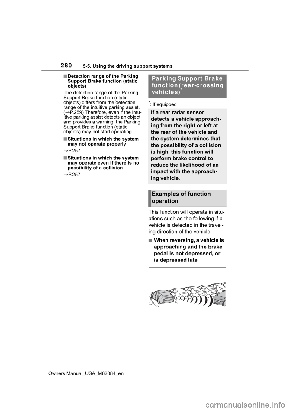 TOYOTA MIRAI 2022 Owners Manual 2805-5. Using the driving support systems
Owners Manual_USA_M62084_en
■Detection range of the Parking
Support Brake function (static
objects)
The detection range of the Parking
Support Brake func TOYOTA MIRAI 2022 Owners Manual 2805-5. Using the driving support systems
Owners Manual_USA_M62084_en
■Detection range of the Parking
Support Brake function (static
objects)
The detection range of the Parking
Support Brake func