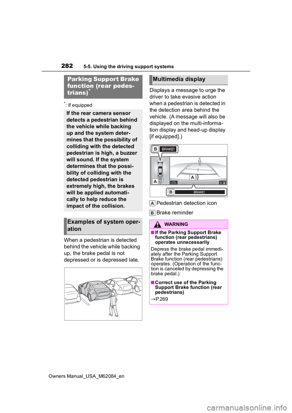 TOYOTA MIRAI 2022 Owners Manual 2825-5. Using the driving support systems
Owners Manual_USA_M62084_en
*: If equipped
When a pedestrian is detected
behind the vehicle while backing
up, the brake pedal is not
depressed or is depres TOYOTA MIRAI 2022 Owners Manual 2825-5. Using the driving support systems
Owners Manual_USA_M62084_en
*: If equipped
When a pedestrian is detected
behind the vehicle while backing
up, the brake pedal is not
depressed or is depres