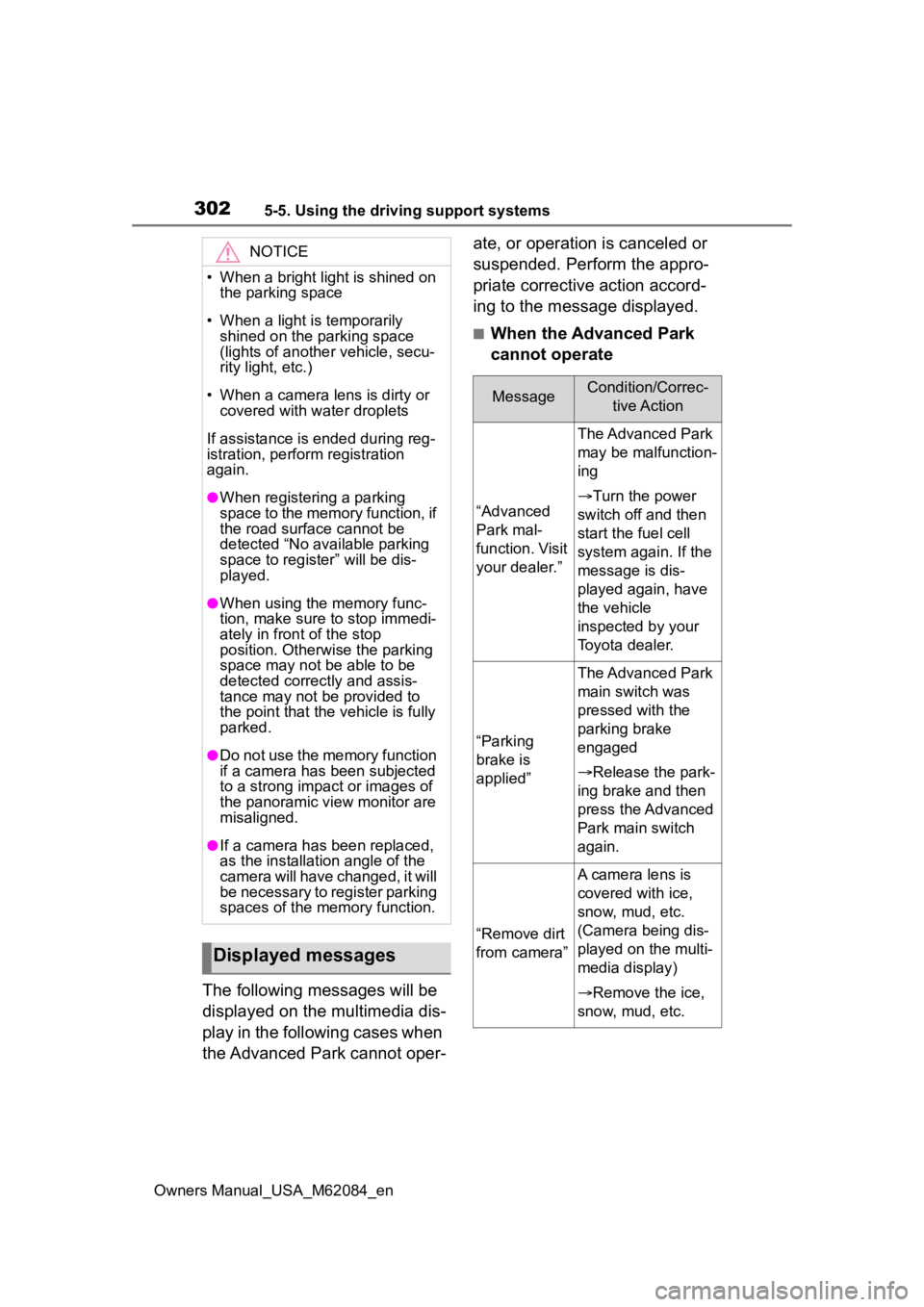 TOYOTA MIRAI 2022 Owners Manual 3025-5. Using the driving support systems
Owners Manual_USA_M62084_en
The following messages will be
displayed on the multimedia dis-
play in the following cases when
the Advanced Park cannot oper-a TOYOTA MIRAI 2022 Owners Manual 3025-5. Using the driving support systems
Owners Manual_USA_M62084_en
The following messages will be
displayed on the multimedia dis-
play in the following cases when
the Advanced Park cannot oper-a