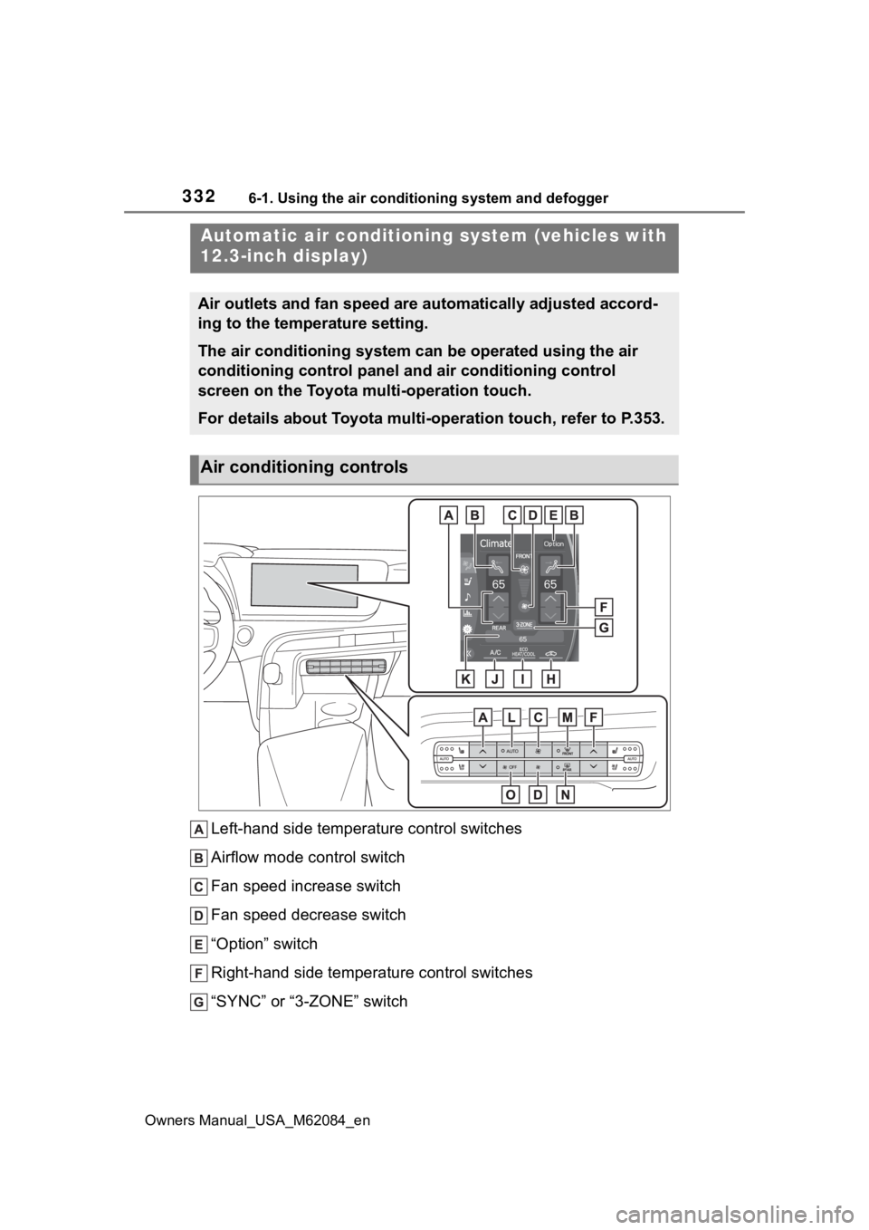 TOYOTA MIRAI 2022  Owners Manual 3326-1. Using the air conditioning system and defogger
Owners Manual_USA_M62084_en
Left-hand side temperature control switches
Airflow mode control switch
Fan speed increase switch
Fan speed decrease 