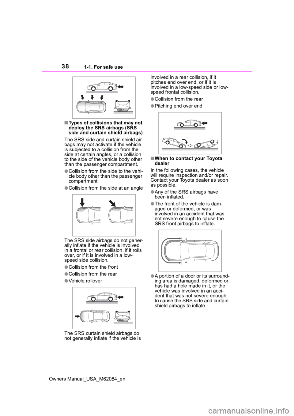 TOYOTA MIRAI 2022 Owners Manual 381-1. For safe use
Owners Manual_USA_M62084_en
■Types of collisions that may not
deploy the SRS airbags (SRS
side and curtain shield airbags)
The SRS side and curtain shield air-
bags may not act TOYOTA MIRAI 2022 Owners Manual 381-1. For safe use
Owners Manual_USA_M62084_en
■Types of collisions that may not
deploy the SRS airbags (SRS
side and curtain shield airbags)
The SRS side and curtain shield air-
bags may not act