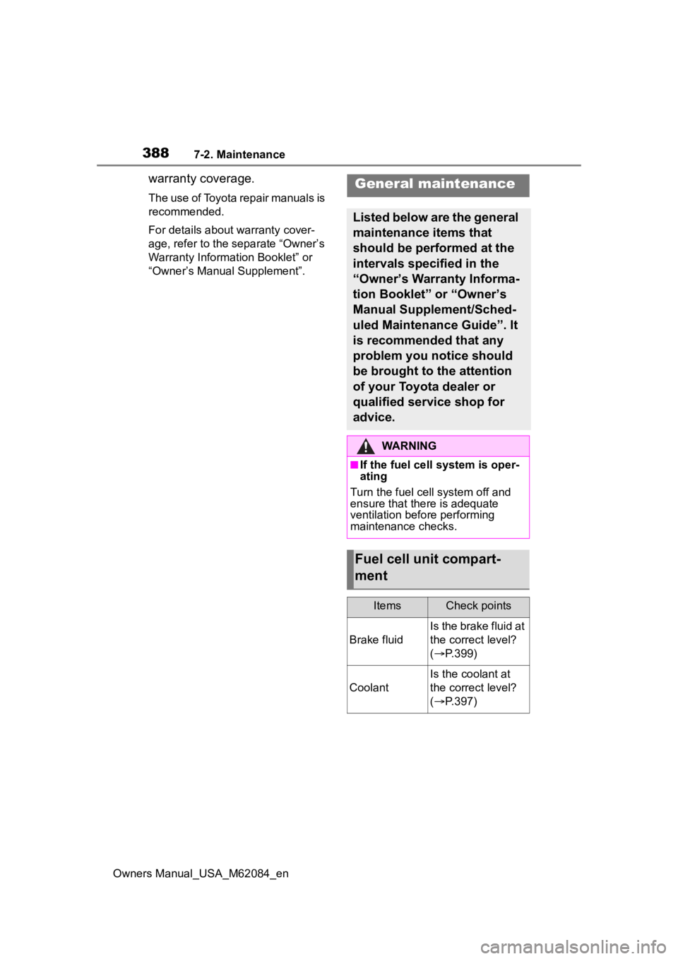 TOYOTA MIRAI 2022  Owners Manual 3887-2. Maintenance
Owners Manual_USA_M62084_en
warranty coverage.
The use of Toyota repair manuals is 
recommended.
For details about warranty cover-
age, refer to the separate “Owner’s 
Warranty