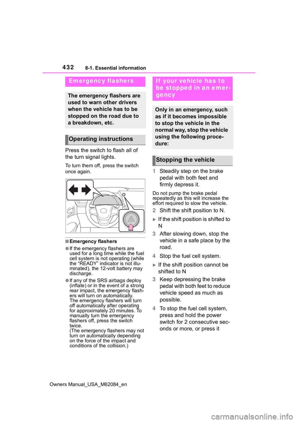 TOYOTA MIRAI 2022 Owners Manual 4328-1. Essential information
Owners Manual_USA_M62084_en
8-1.Essential information
Press the switch to flash all of
the turn signal lights.
To turn them off, press the switch
once again.
■Emergen TOYOTA MIRAI 2022 Owners Manual 4328-1. Essential information
Owners Manual_USA_M62084_en
8-1.Essential information
Press the switch to flash all of
the turn signal lights.
To turn them off, press the switch
once again.
■Emergen