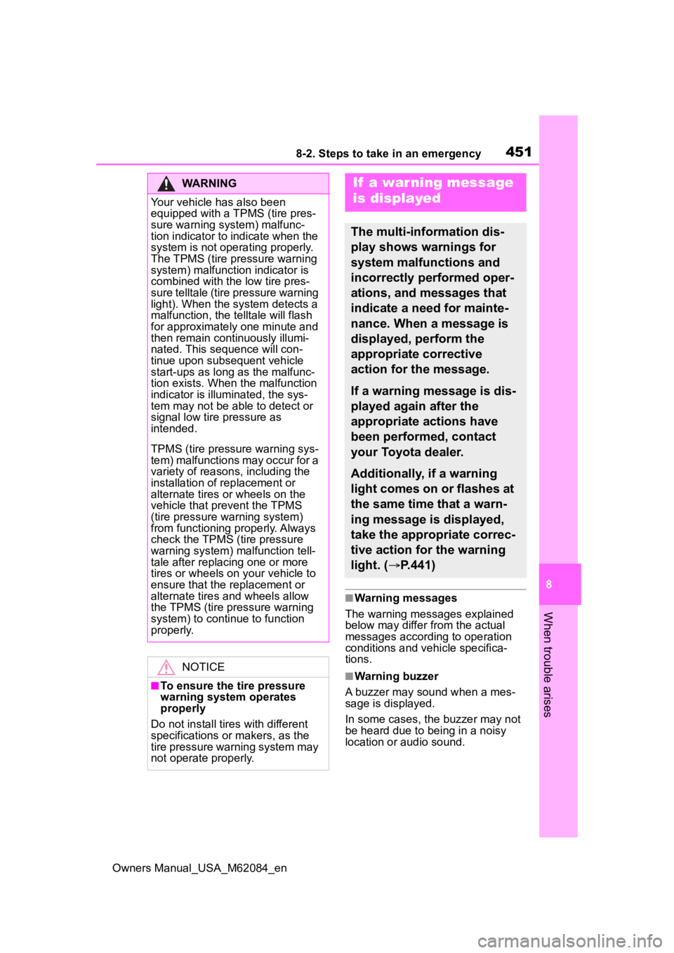 TOYOTA MIRAI 2022 Owners Manual 4518-2. Steps to take in an emergency
Owners Manual_USA_M62084_en
8
When trouble arises■Warning messages
The warning messages explained
below may differ from the actual
messages according to opera TOYOTA MIRAI 2022 Owners Manual 4518-2. Steps to take in an emergency
Owners Manual_USA_M62084_en
8
When trouble arises■Warning messages
The warning messages explained
below may differ from the actual
messages according to opera