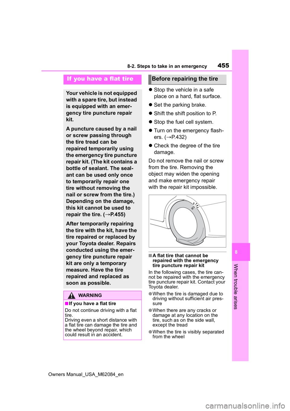 TOYOTA MIRAI 2022 Owners Manual 4558-2. Steps to take in an emergency
Owners Manual_USA_M62084_en
8
When trouble arises
Stop the vehicle in a safe
place on a hard, flat surface.
Set the parking brake.
Shift the shift po TOYOTA MIRAI 2022 Owners Manual 4558-2. Steps to take in an emergency
Owners Manual_USA_M62084_en
8
When trouble arises
Stop the vehicle in a safe
place on a hard, flat surface.
Set the parking brake.
Shift the shift po