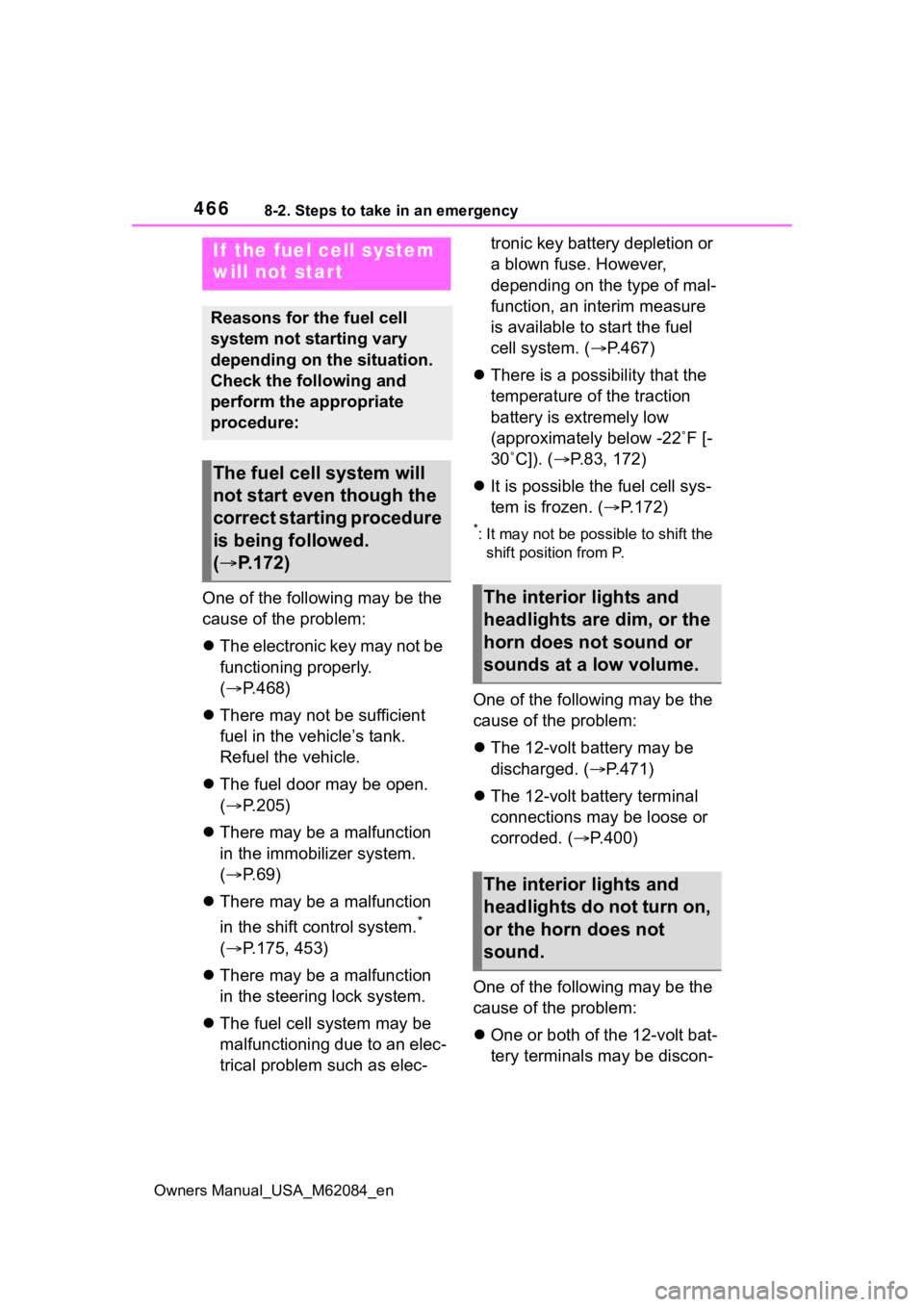 TOYOTA MIRAI 2022  Owners Manual 4668-2. Steps to take in an emergency
Owners Manual_USA_M62084_en
One of the following may be the 
cause of the problem:
The electronic key may not be 
functioning properly. 
( P.468)
 There 