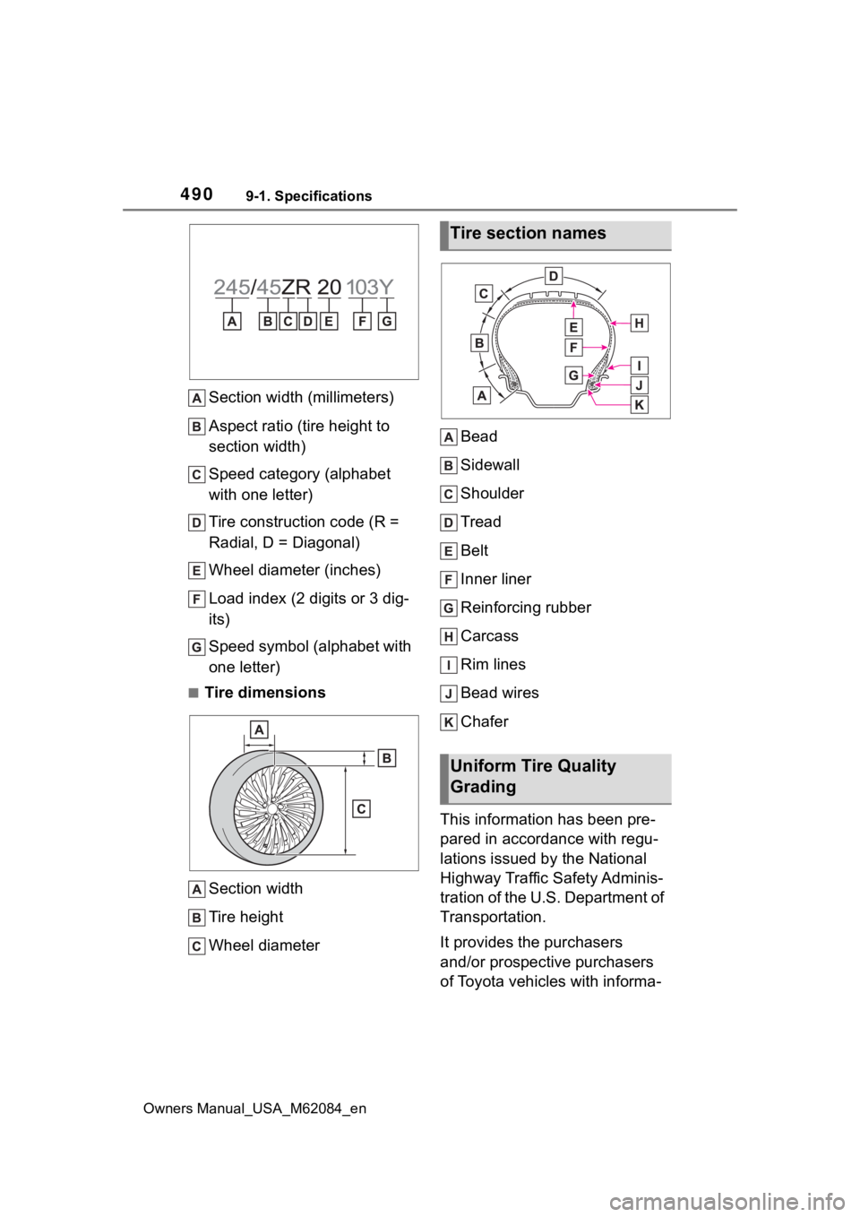 TOYOTA MIRAI 2022  Owners Manual 4909-1. Specifications
Owners Manual_USA_M62084_en
Section width (millimeters)
Aspect ratio (tire height to 
section width)
Speed category (alphabet 
with one letter)
Tire construction code (R = 
Radi