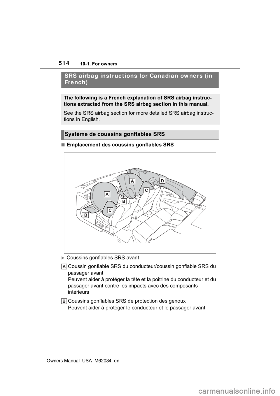 TOYOTA MIRAI 2022  Owners Manual 51410-1. For owners
Owners Manual_USA_M62084_en
■Emplacement des coussins gonflables SRS
Coussins gonflables SRS avantCoussin gonflable SRS du conducteur/coussin gonflable SRS du 
passager avant
