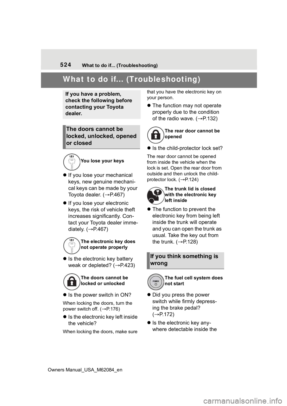 TOYOTA MIRAI 2022 Owners Manual 524What to do if... (Troubleshooting)
Owners Manual_USA_M62084_en
1-1.What to do if... (Troubleshooting)What to do if... (Troubleshooting)
If you lose your mechanical
keys, new genuine mechani-
c TOYOTA MIRAI 2022 Owners Manual 524What to do if... (Troubleshooting)
Owners Manual_USA_M62084_en
1-1.What to do if... (Troubleshooting)What to do if... (Troubleshooting)
If you lose your mechanical
keys, new genuine mechani-
c