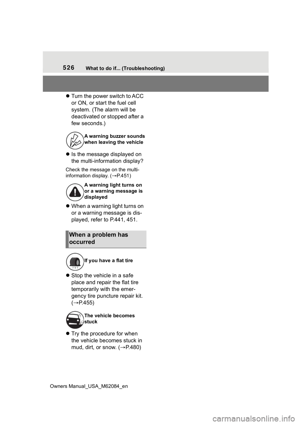 TOYOTA MIRAI 2022  Owners Manual 526What to do if... (Troubleshooting)
Owners Manual_USA_M62084_en
 Turn the power switch to ACC 
or ON, or start the fuel cell 
system. (The alarm will be 
deactivated or stopped after a 
few secon