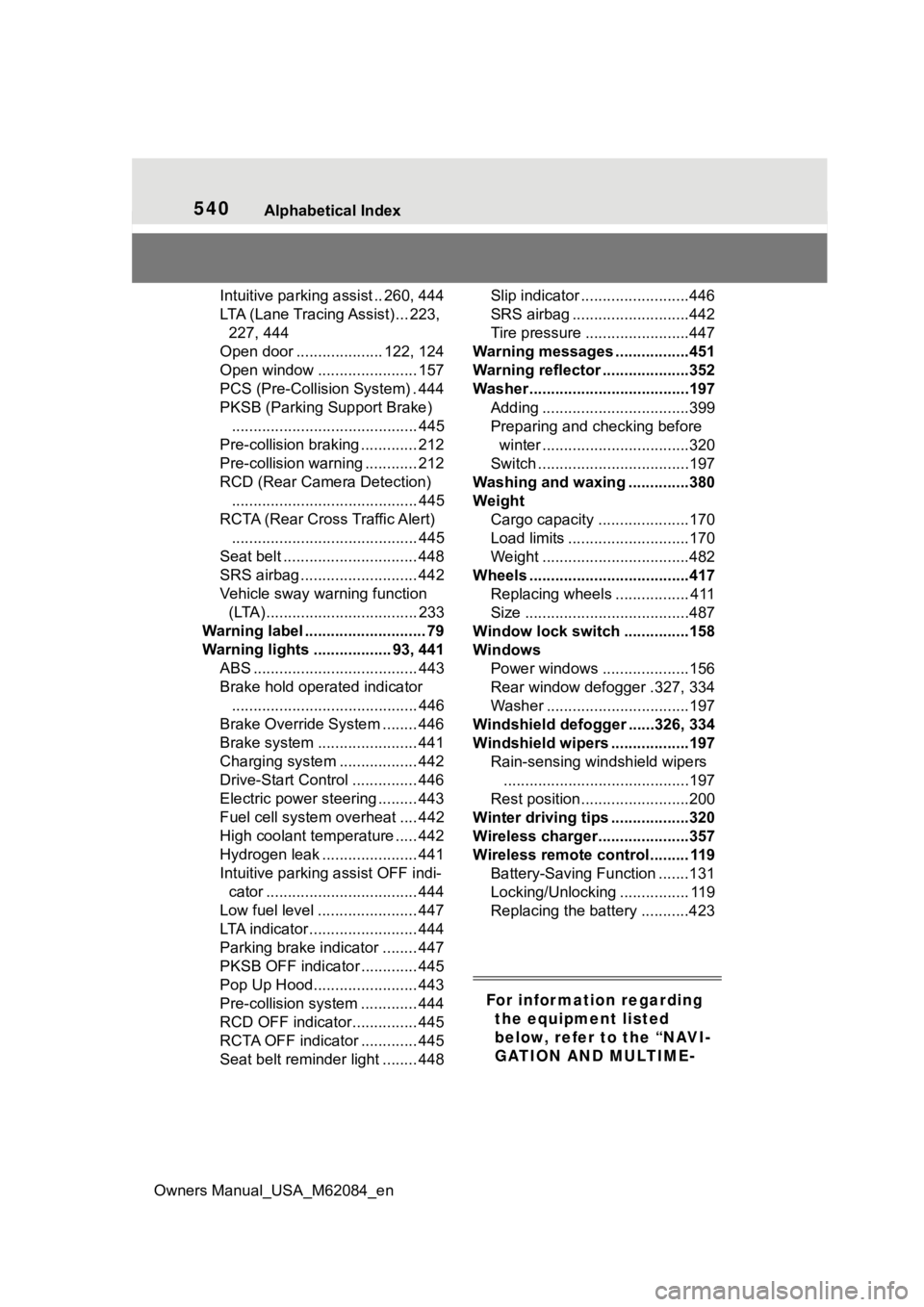 TOYOTA MIRAI 2022 Owners Manual 540Alphabetical Index
Owners Manual_USA_M62084_en
Intuitive parking assist .. 260, 444
LTA (Lane Tracing Assist) ... 223, 227, 444
Open door ......... ........... 122, 124
Open window ............... TOYOTA MIRAI 2022 Owners Manual 540Alphabetical Index
Owners Manual_USA_M62084_en
Intuitive parking assist .. 260, 444
LTA (Lane Tracing Assist) ... 223, 227, 444
Open door ......... ........... 122, 124
Open window ...............