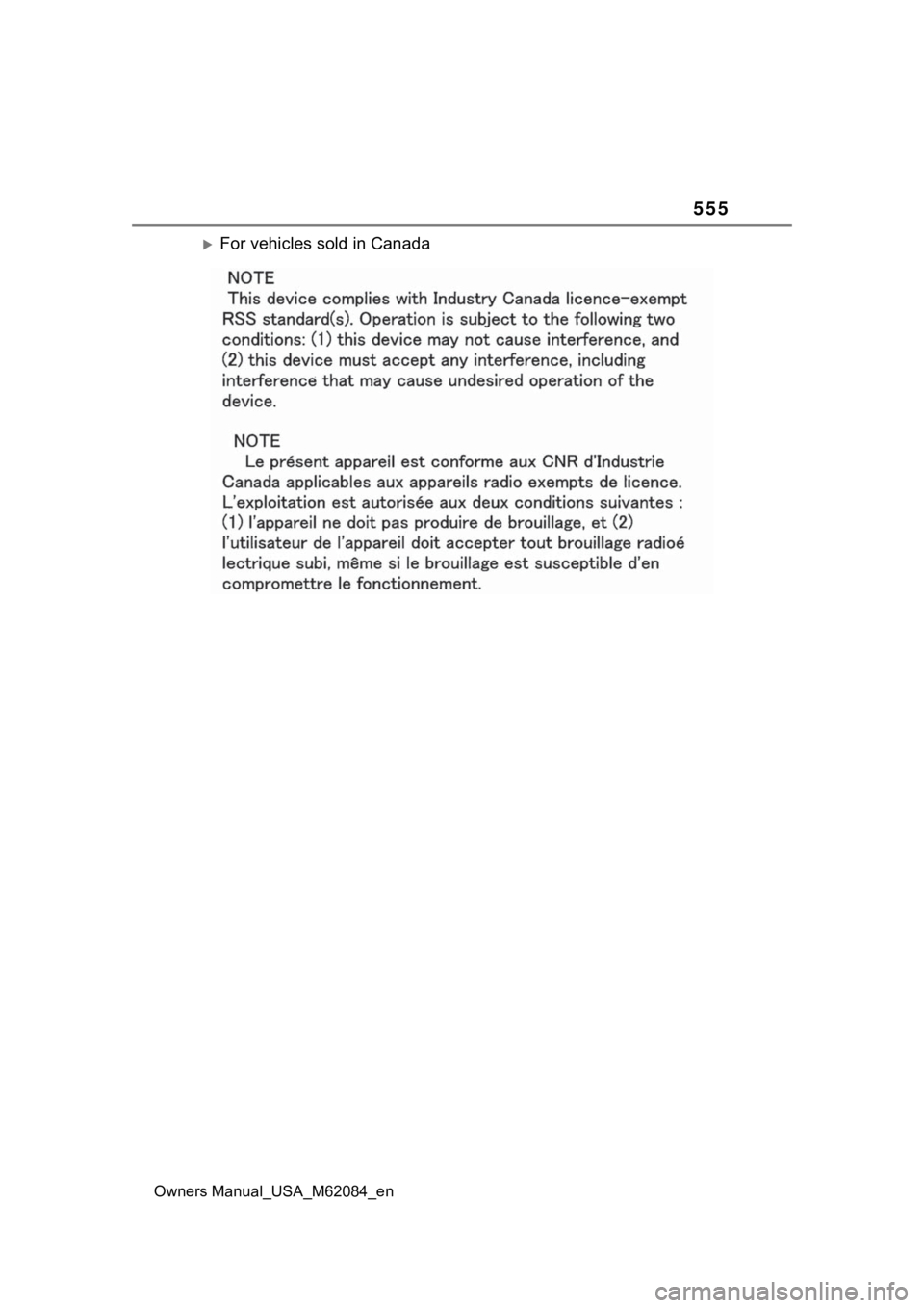 TOYOTA MIRAI 2022  Owners Manual 555
Owners Manual_USA_M62084_en
For vehicles sold in Canada 