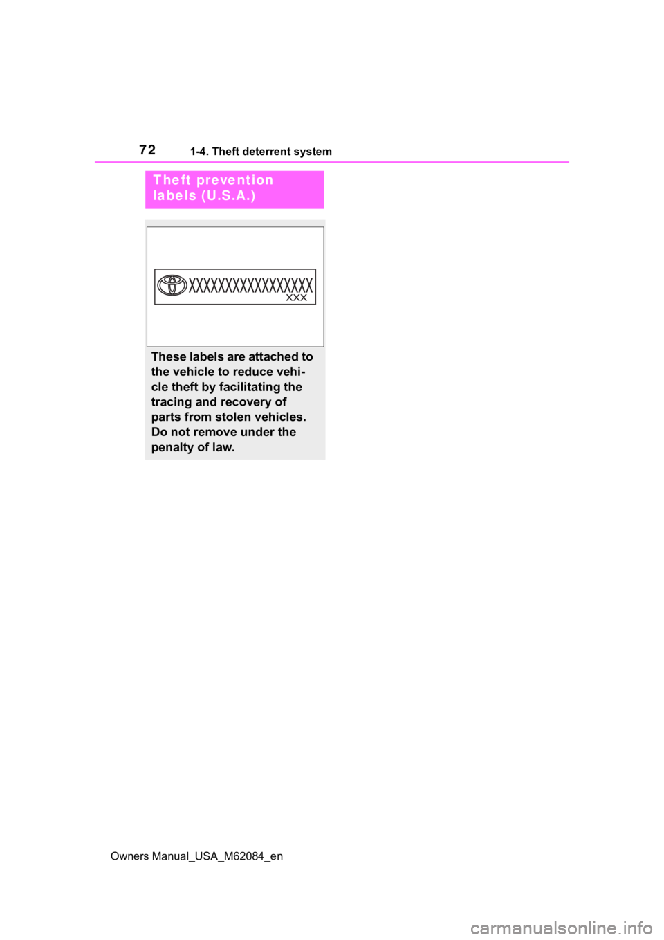 TOYOTA MIRAI 2022  Owners Manual 721-4. Theft deterrent system
Owners Manual_USA_M62084_en
Theft prevention 
labels (U.S.A.)
These labels are attached to 
the vehicle to reduce vehi-
cle theft by facilitating the 
tracing and recover