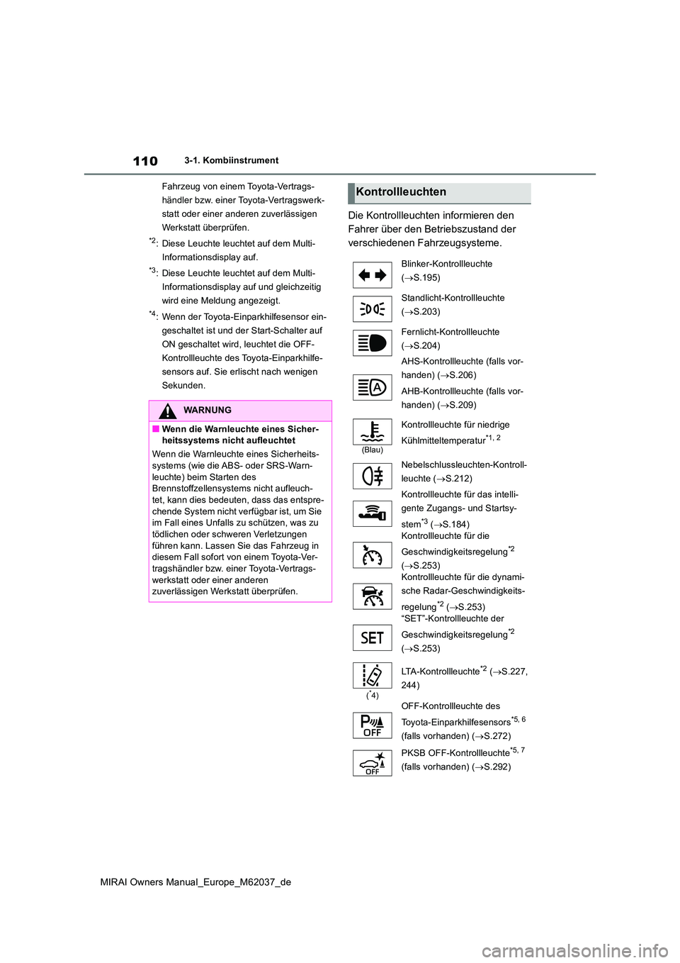 TOYOTA MIRAI 2020  Betriebsanleitungen (in German) 110
MIRAI Owners Manual_Europe_M62037_de
3-1. Kombiinstrument 
Fahrzeug von einem Toyota-Vertrags- 
händler bzw. einer Toyota-Vertragswerk-
statt oder einer anderen zuverlässigen 
Werkstatt überpr