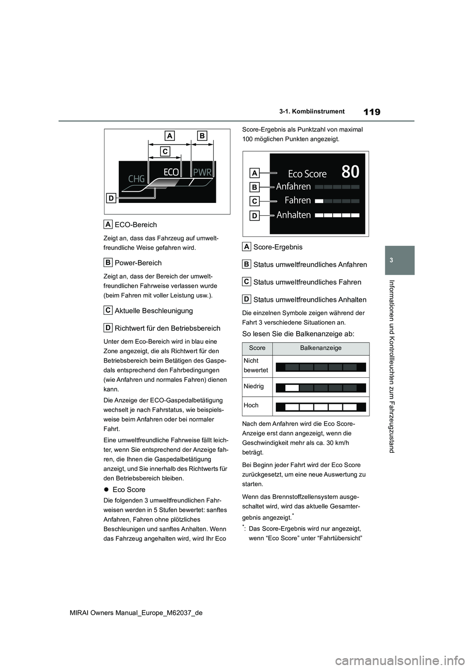 TOYOTA MIRAI 2020  Betriebsanleitungen (in German) 119
3
MIRAI Owners Manual_Europe_M62037_de
3-1. Kombiinstrument
Informationen und Kontrollleuchten zum Fahrzeugzustand
ECO-Bereich
Zeigt an, dass das Fahrzeug auf umwelt- 
freundliche Weise gefahren w