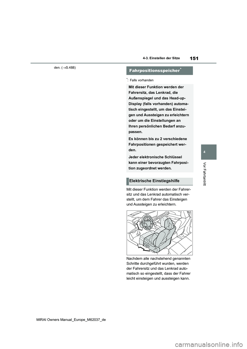 TOYOTA MIRAI 2020  Betriebsanleitungen (in German) 151
4
MIRAI Owners Manual_Europe_M62037_de
4-3. Einstellen der Sitze
Vor Fahrtantritt
den. (S.488)
*: Falls vorhanden
Mit dieser Funktion werden der Fahrer- 
sitz und das Lenkrad automatisch ver-
s