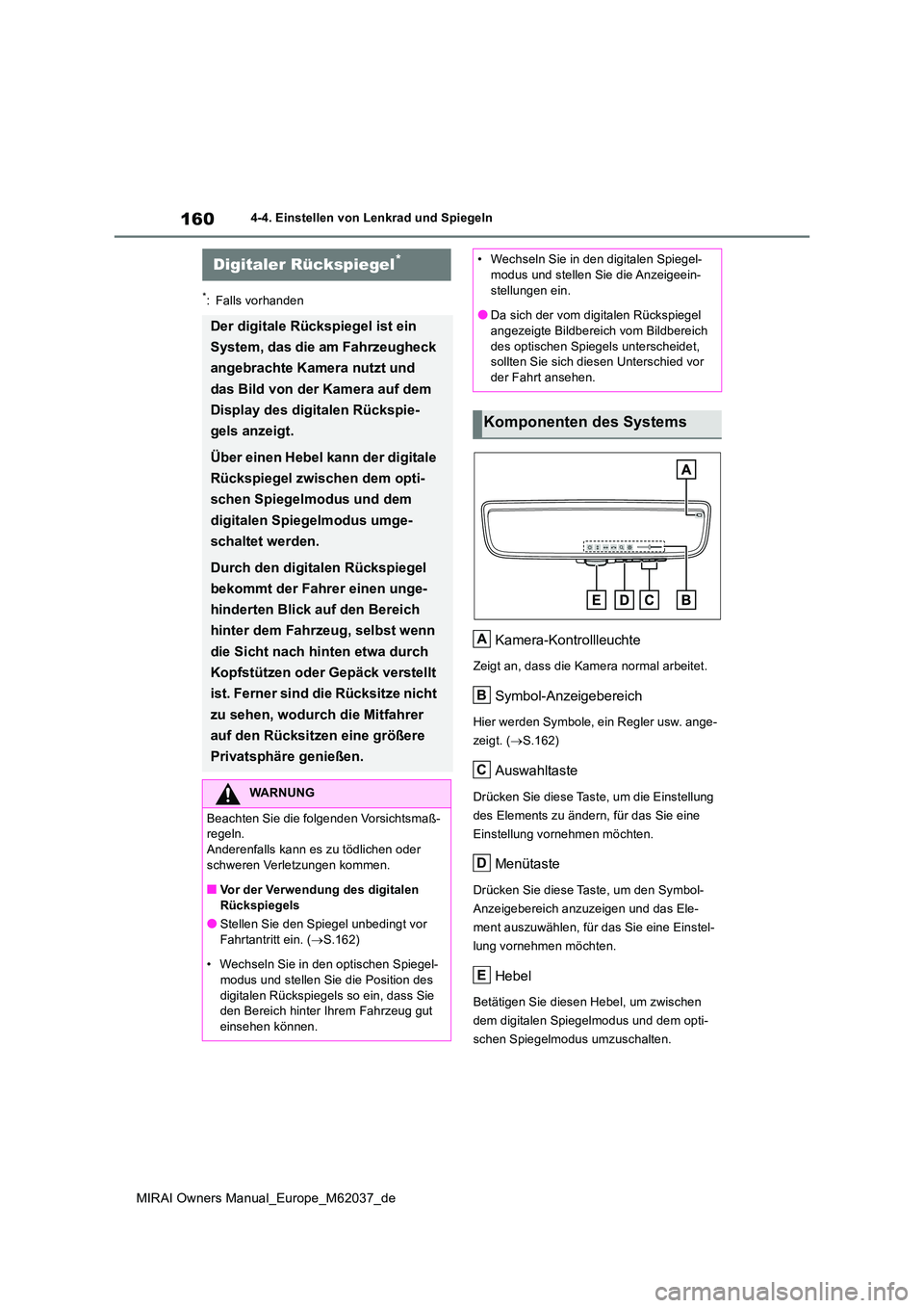 TOYOTA MIRAI 2020  Betriebsanleitungen (in German) 160
MIRAI Owners Manual_Europe_M62037_de
4-4. Einstellen von Lenkrad und Spiegeln
*: Falls vorhanden
Kamera-Kontrollleuchte
Zeigt an, dass die Kamera normal arbeitet.
Symbol-Anzeigebereich
Hier werden
