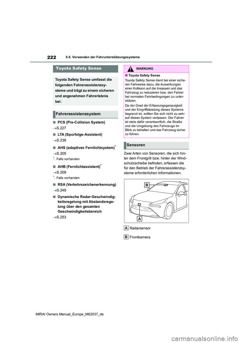 TOYOTA MIRAI 2020  Betriebsanleitungen (in German) 222
MIRAI Owners Manual_Europe_M62037_de
5-5. Verwenden der Fahrunterstützungssysteme
5-5.Verwende n d er  Fah runterstü tzungss ysteme
■PCS (Pre-Collision System) 
 S.227
■LTA (Spurfolge-Ass