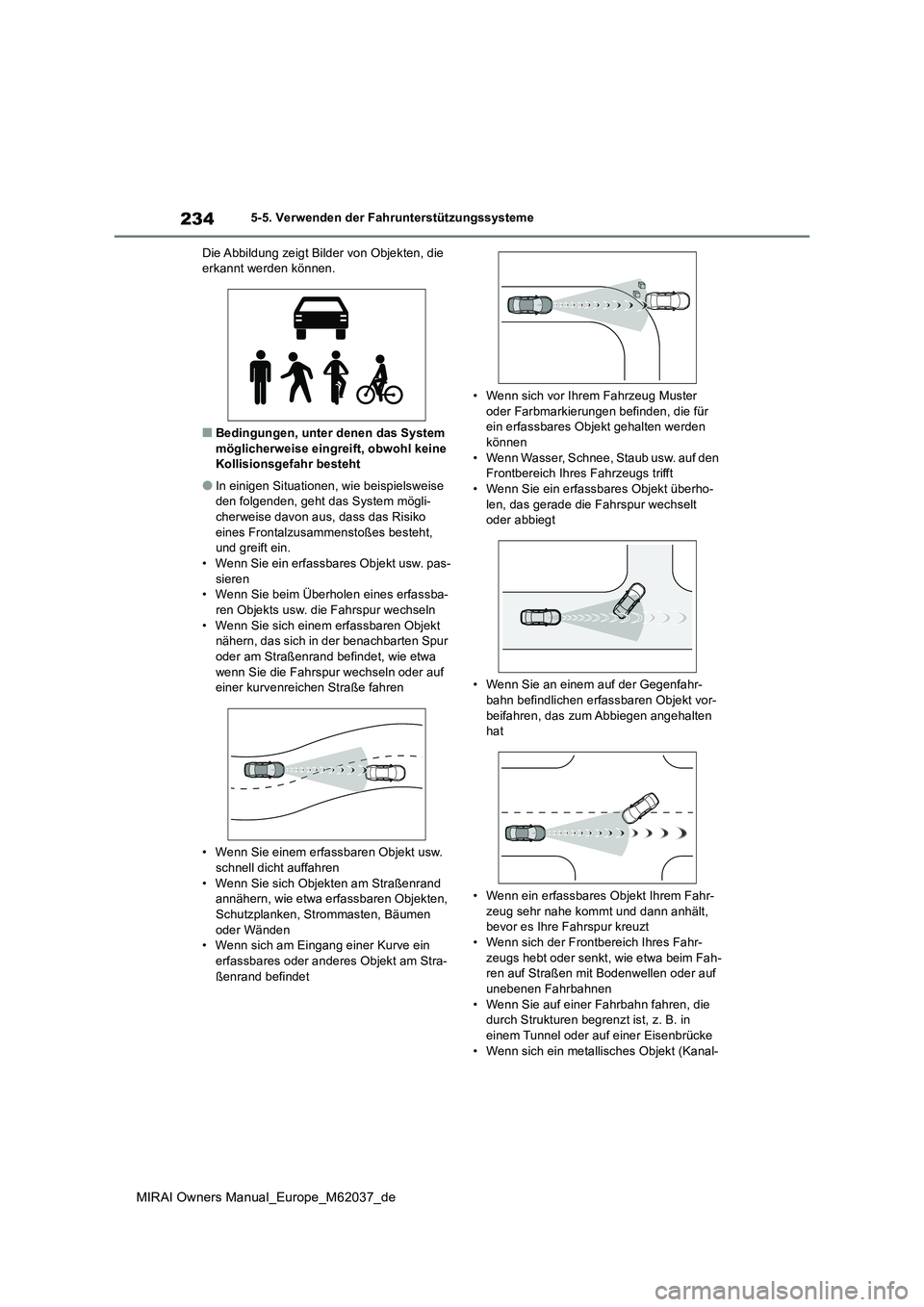 TOYOTA MIRAI 2020  Betriebsanleitungen (in German) 234
MIRAI Owners Manual_Europe_M62037_de
5-5. Verwenden der Fahrunterstützungssysteme 
Die Abbildung zeigt Bilder von Objekten, die  erkannt werden können.
■Bedingungen, unter denen das System mö
